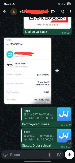 Testimoni ChatGPT Workspace (Business) — screenshot asli pelanggan Jajan Web